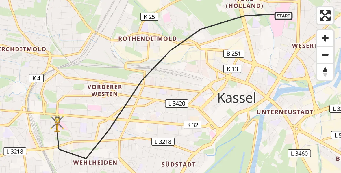 Flugroute Rettungshubschrauber Kassel - Kassel, 04 Juli 2026, 18:53