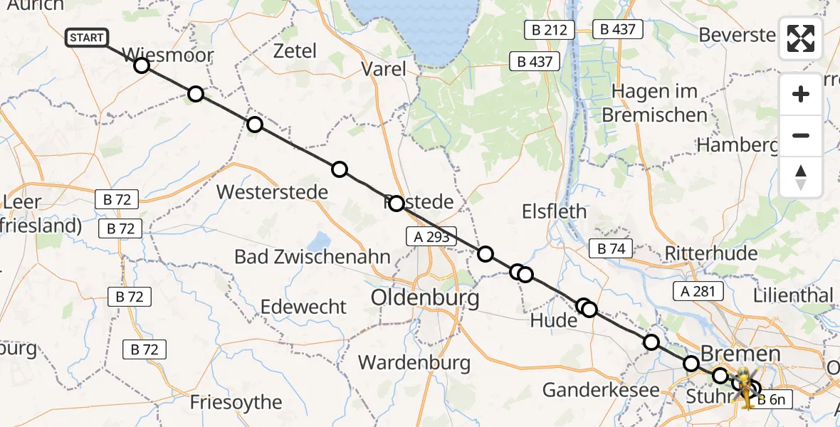 Flugroute Rettungshubschrauber Großefehn - ADAC Air Rescue Station Bremen Hubschrauberlandeplatz (Christoph 6), 04 Juli 2026, 18:54
