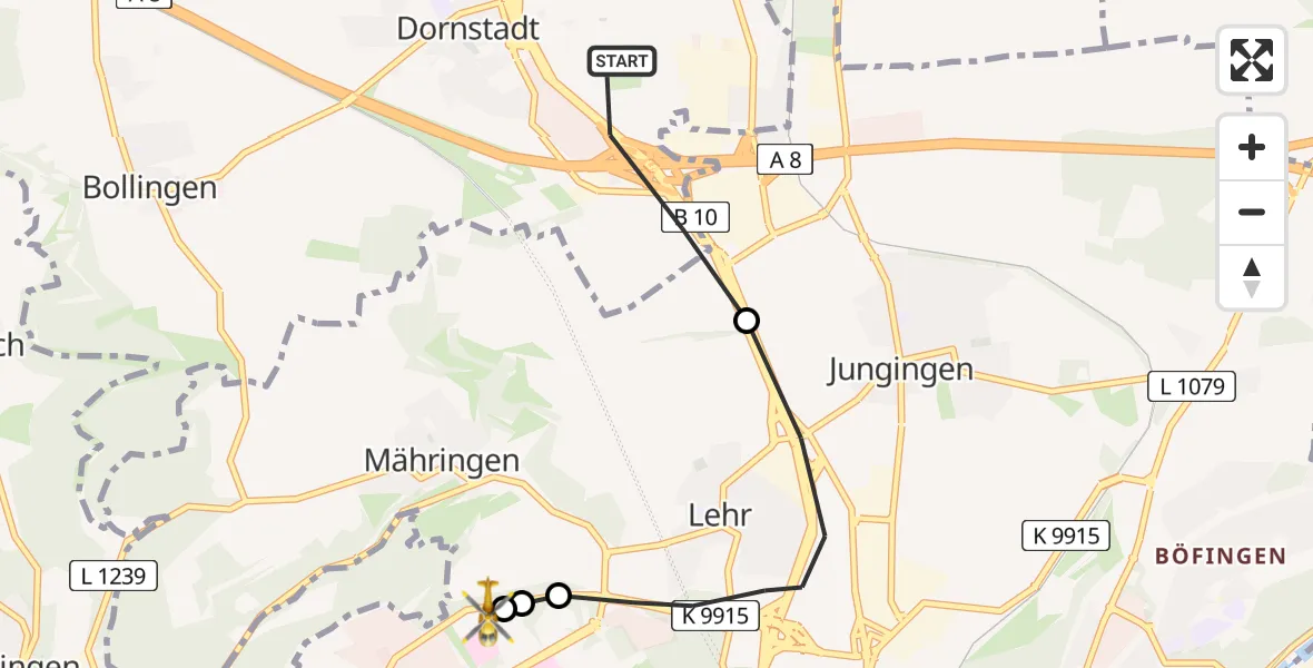 Flugroute Rettungshubschrauber Dornstadt - ADAC Air Rescue Station Ulm (Christoph 22), 04 Juli 2026, 19:00