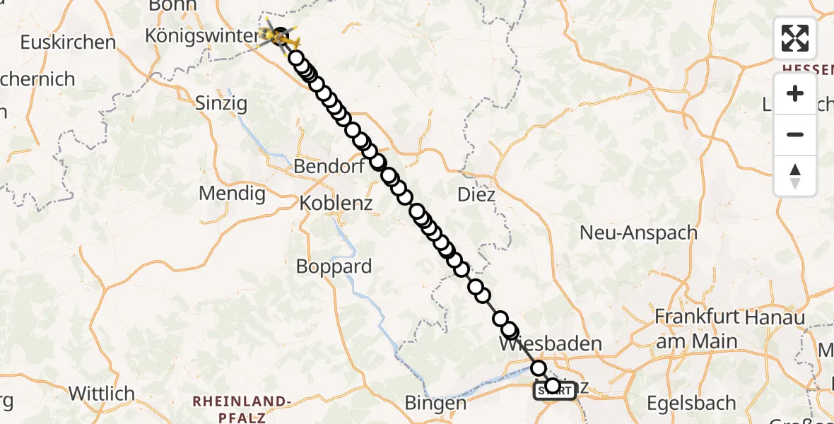 Flugroute Rettungshubschrauber Mainz University Hospital - DRK Kamillus Hospital Asbach, 04 Juli 2026, 19:03