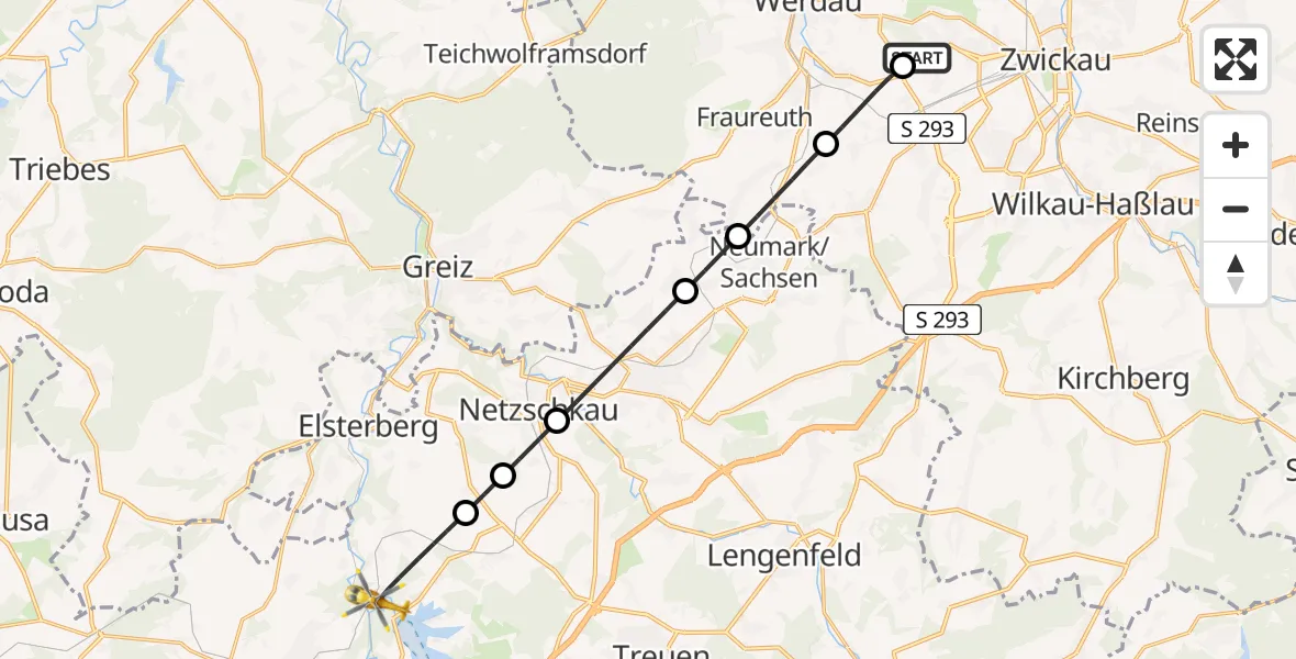Flugroute Rettungshubschrauber ADAC Air Rescue Station Zwickau Hubschrauberlandeplatz - Pöhl, 04 Juli 2026, 19:13