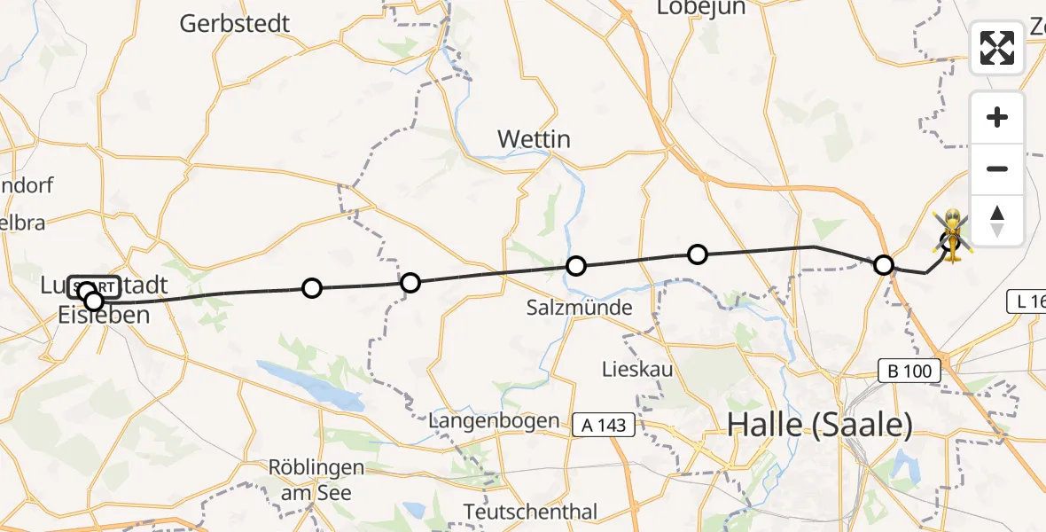 Flugroute Rettungshubschrauber Helios Hospital Lutherstadt Eisleben - Halle-Oppin Flugplatz, 04 Juli 2026, 19:15