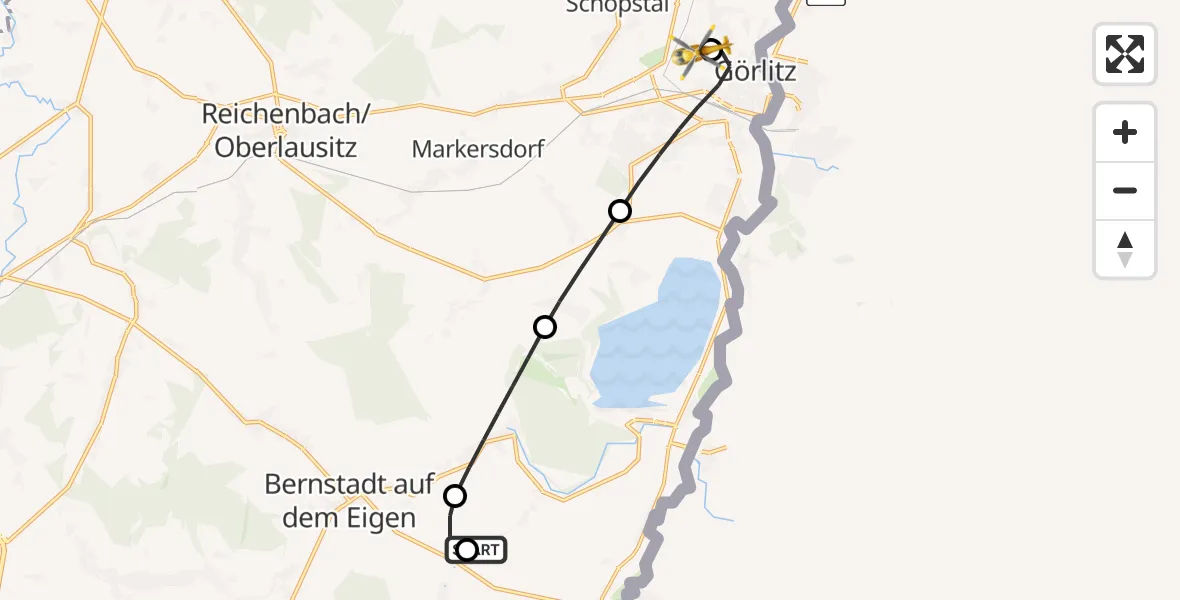 Flugroute Rettungshubschrauber Schönau-Berzdorf a.d.Eigen - Görlitz Hospital, 04 Juli 2026, 19:17