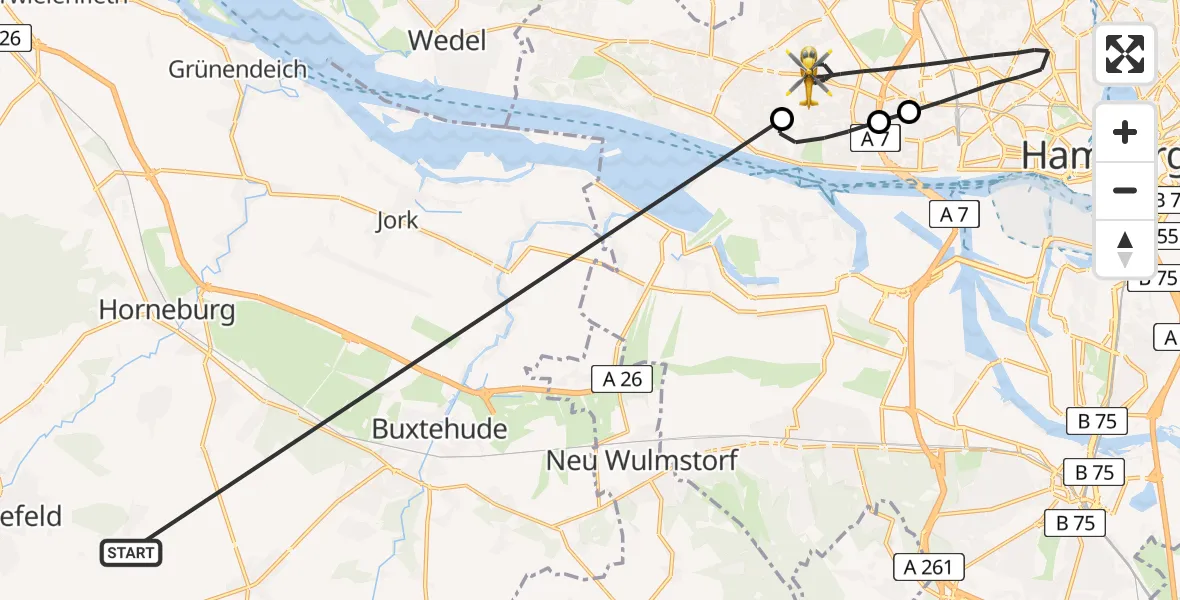 Flugroute Rettungshubschrauber Harsefeld - Hamburg, 04 Juli 2026, 19:18