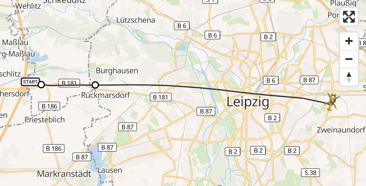 Flugroute Rettungshubschrauber ADAC Air Rescue Station Leipzig/Schkeuditz-Dölzig Hubschrauberlandeplatz (Christoph 61) - Leipzig, 04 Juli 2026, 19:19