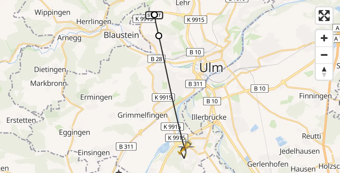 Flugroute Rettungshubschrauber Ulm Military Hospital Emergency - Ulm, 04 Juli 2026, 19:19