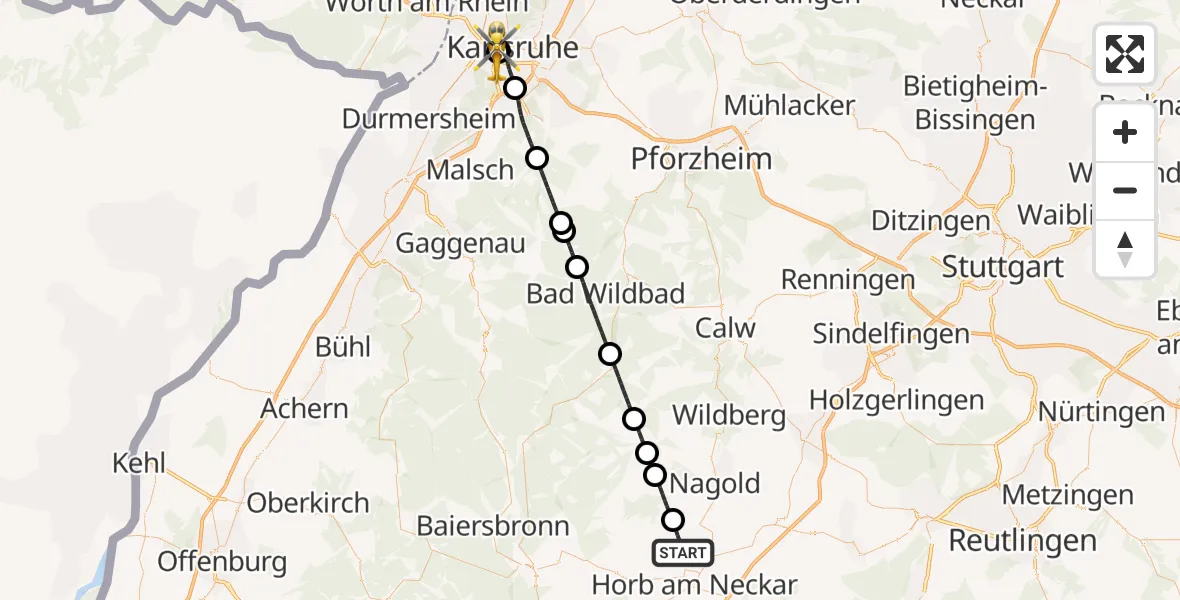 Flugroute Ambulanzhubschrauber Horb am Neckar - Sankt Vincentius Hospital, 04 Juli 2026, 19:19