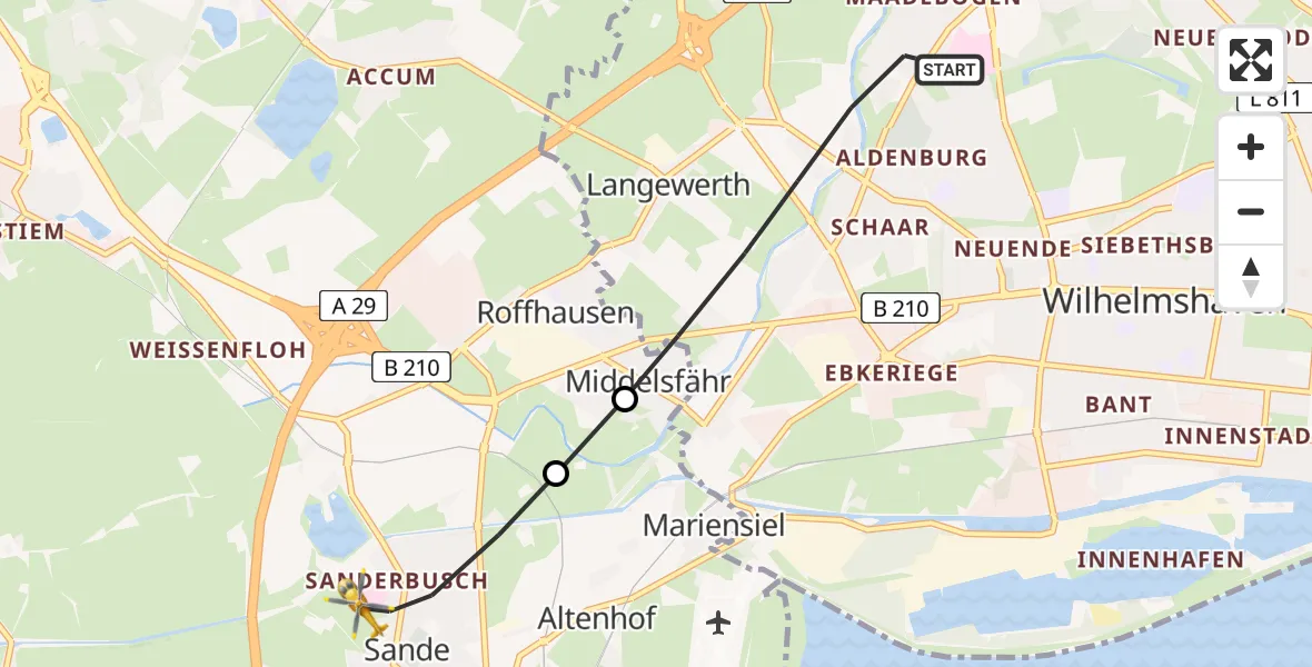 Flugroute Rettungshubschrauber Wilhelmshaven - Sande, 04 Juli 2026, 19:20