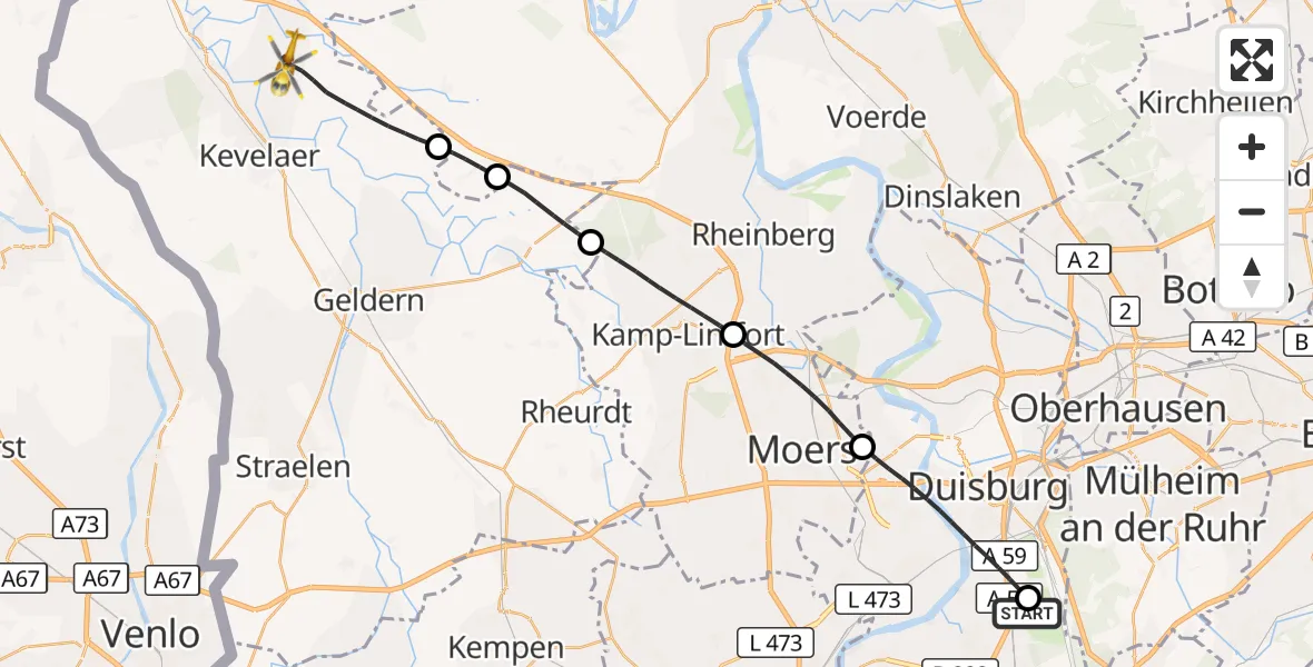 Flugroute Rettungshubschrauber Duisburg Air Rescue Hubschrauberlandeplatz (Christoph 9) - Kevelaer, 04 Juli 2026, 19:21