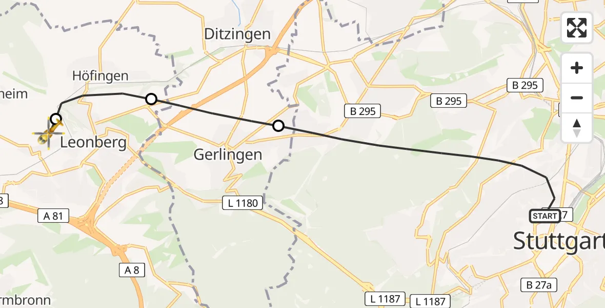 Flugroute Rettungshubschrauber Stuttgart - Leonberg Hospital, 04 Juli 2026, 19:30
