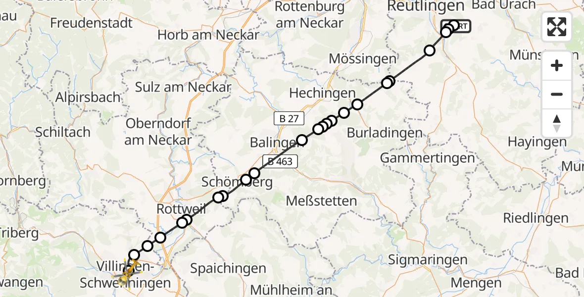 Flugroute Ambulanzhubschrauber Pfullingen - DRF Air Rescue Station Villingen-Schwenningen Hubschrauberlandeplatz (Christoph 11), 04 Juli 2026, 19:40