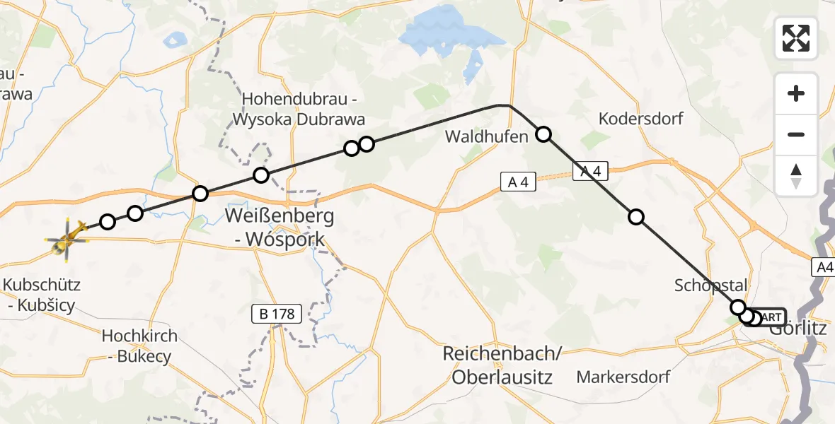 Flugroute Rettungshubschrauber Görlitz Hospital - Bautzen Flugplatz, 04 Juli 2026, 19:49