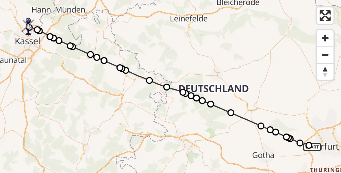 Flugroute Polizeihubschrauber Erfurt-Weimar Flughafen - Fuldatal Bundespolizei Hubschrauberlandeplatz, 04 Juli 2026, 19:52