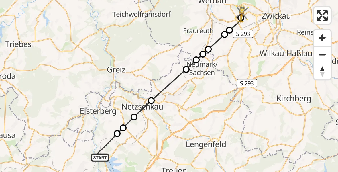 Flugroute Rettungshubschrauber Pöhl - ADAC Air Rescue Station Zwickau Hubschrauberlandeplatz, 04 Juli 2026, 19:56