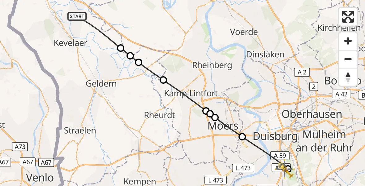 Flugroute Rettungshubschrauber Kevelaer - Duisburg Air Rescue Hubschrauberlandeplatz (Christoph 9), 04 Juli 2026, 20:06