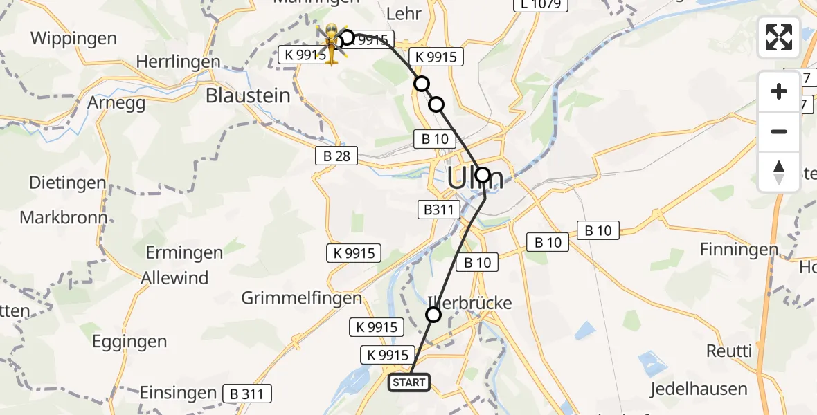 Flugroute Rettungshubschrauber Ulm - Ulm Military Hospital Emergency, 04 Juli 2026, 20:10