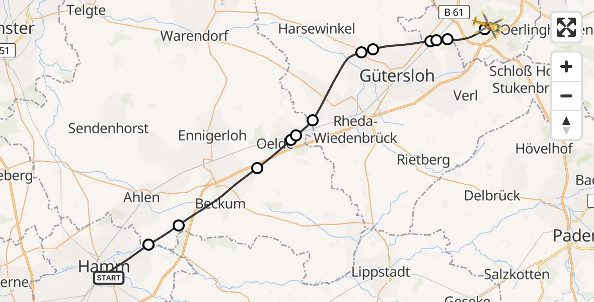 Flugroute Rettungshubschrauber Hamm - Bielefeld Flughafen, 04 Juli 2026, 20:11