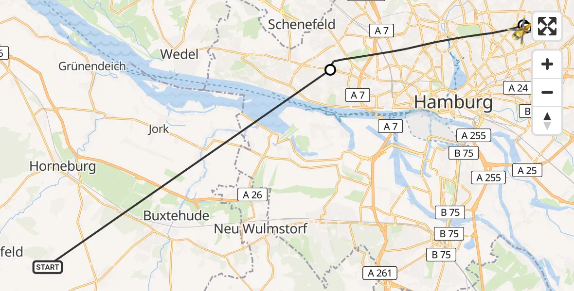 Flugroute Rettungshubschrauber Harsefeld - Hamburg Military Hospital, 04 Juli 2026, 20:16