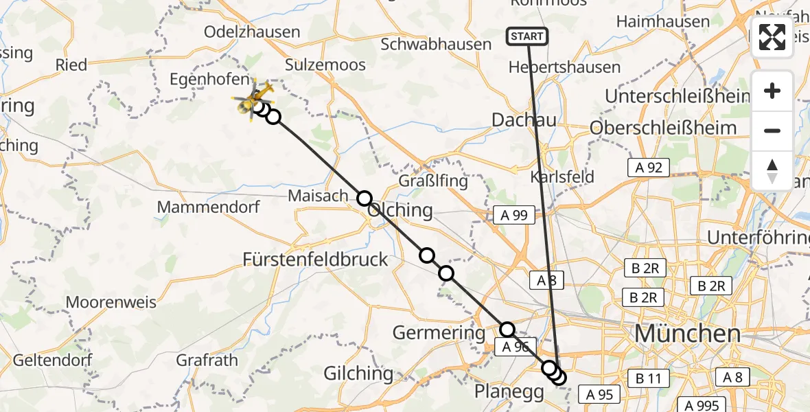 Flugroute Rettungshubschrauber Röhrmoos - Egenhofen, 04 Juli 2026, 20:23