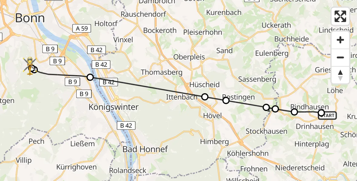 Flugroute Rettungshubschrauber DRK Kamillus Hospital Asbach - Bonn University Hospital, 04 Juli 2026, 20:28