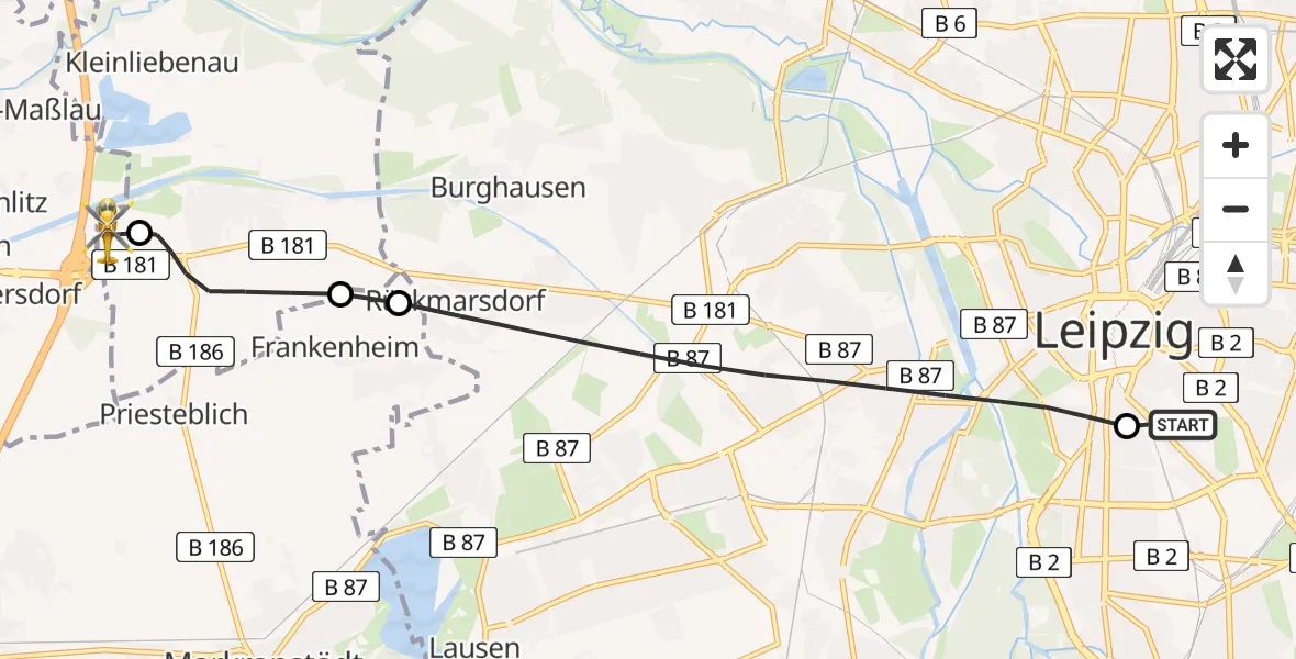 Flugroute Rettungshubschrauber Leipzig University Hospital Heliport 1 - ADAC Air Rescue Station Leipzig/Schkeuditz-Dölzig Hubschrauberlandeplatz (Christoph 61), 04 Juli 2026, 20:39