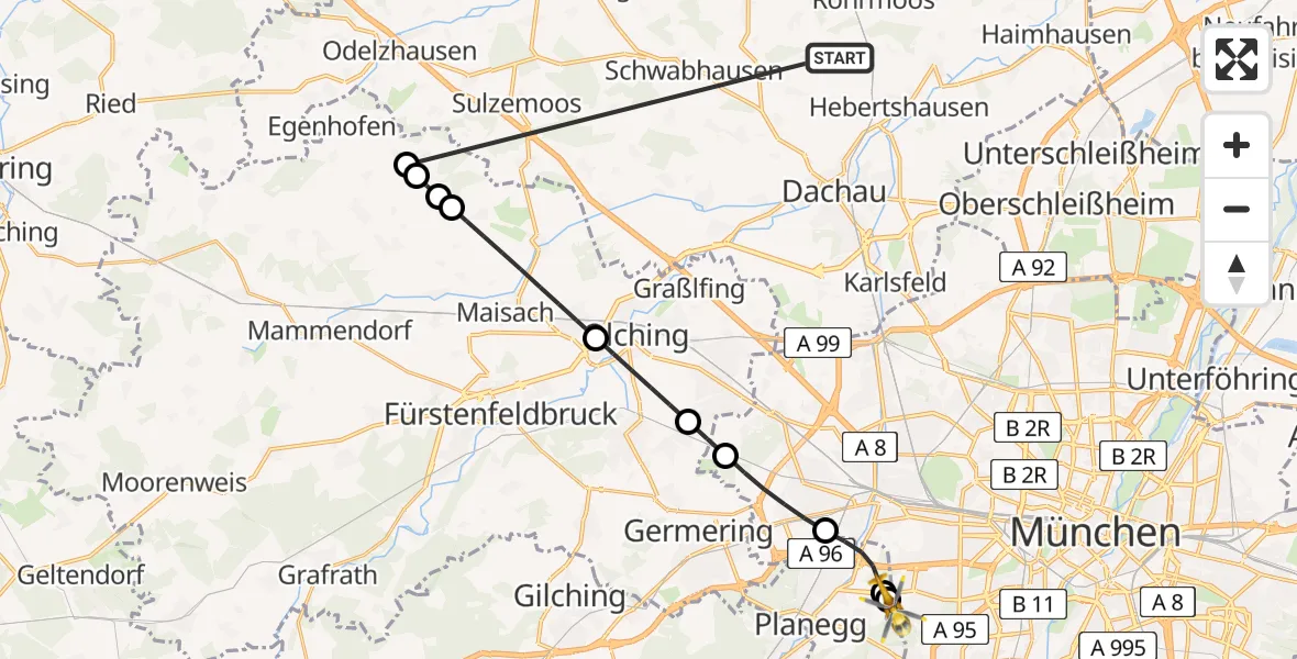 Flugroute Rettungshubschrauber Röhrmoos - DRF Air Rescue München Hubschrauberlandeplatz, 04 Juli 2026, 20:49