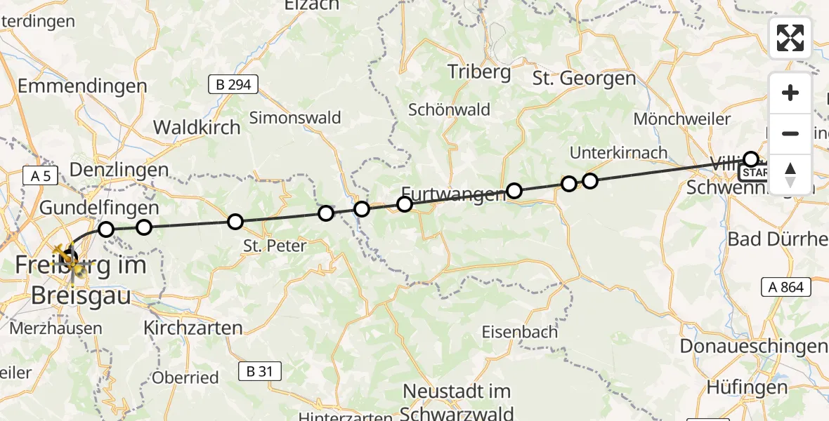 Flugroute Ambulanzhubschrauber DRF Air Rescue Station Villingen-Schwenningen Hubschrauberlandeplatz (Christoph 11) - Freiburg University Hospital Heliport 1, 04 Juli 2026, 21:03