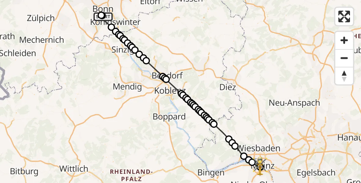 Flugroute Rettungshubschrauber Bonn University Hospital - Mainz University Hospital, 04 Juli 2026, 21:39