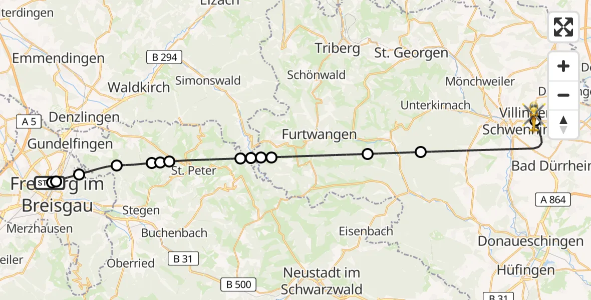 Flugroute Ambulanzhubschrauber Freiburg University Hospital Heliport 1 - DRF Air Rescue Station Villingen-Schwenningen Hubschrauberlandeplatz (Christoph 11), 04 Juli 2026, 21:49