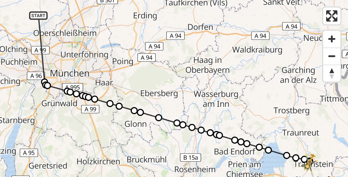 Flugroute Rettungshubschrauber Röhrmoos - Traunstein Hospital, 04 Juli 2026, 21:50