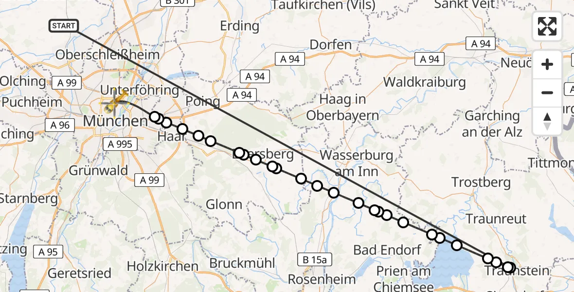 Flugroute Rettungshubschrauber Röhrmoos - München, 04 Juli 2026, 22:36