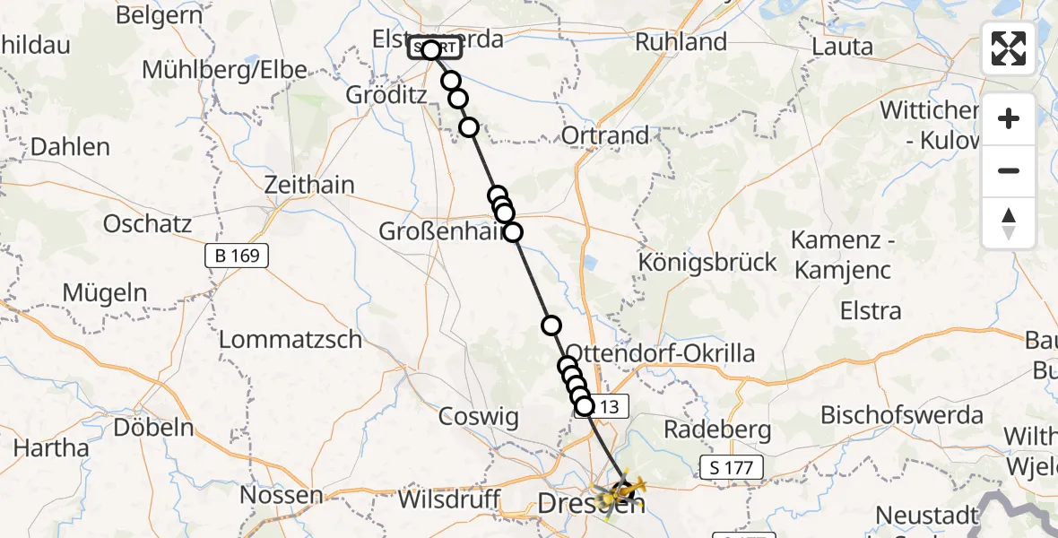 Flugroute Rettungshubschrauber Elbe-Elster Hospital Elsterwerda - Dresden University Hospital, 04 Juli 2026, 22:37