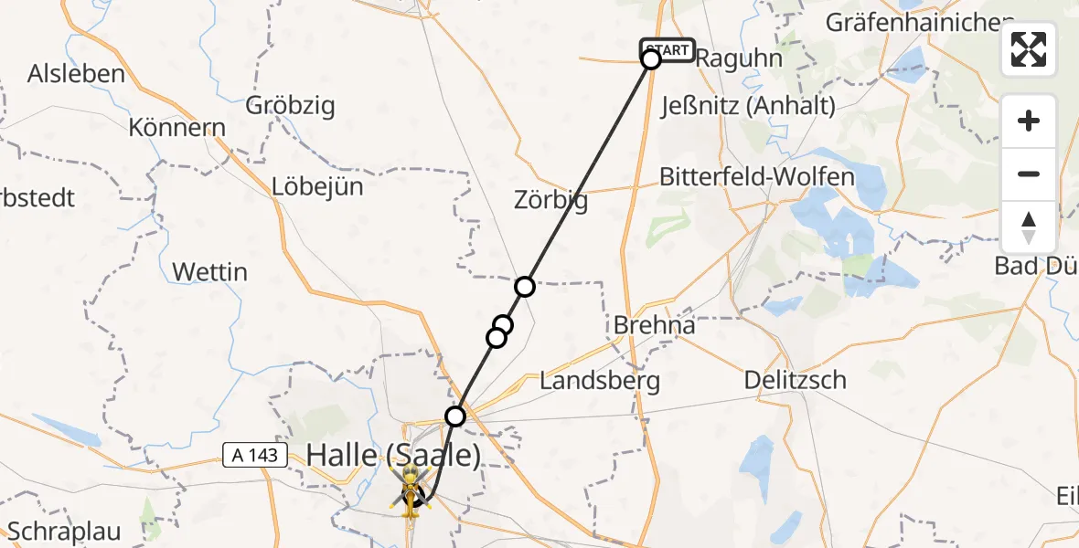Flugroute Rettungshubschrauber Raguhn-Jeßnitz - BG Hospital Bergmannstrost Halle, 04 Juli 2026, 22:42