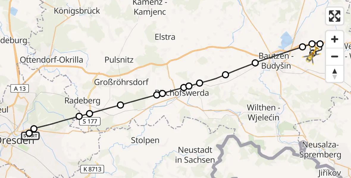 Flugroute Rettungshubschrauber Dresden University Hospital - Bautzen Flugplatz, 04 Juli 2026, 23:10