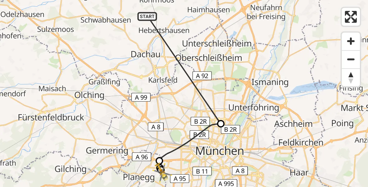 Flugroute Rettungshubschrauber Röhrmoos - DRF Air Rescue München Hubschrauberlandeplatz, 04 Juli 2026, 23:13