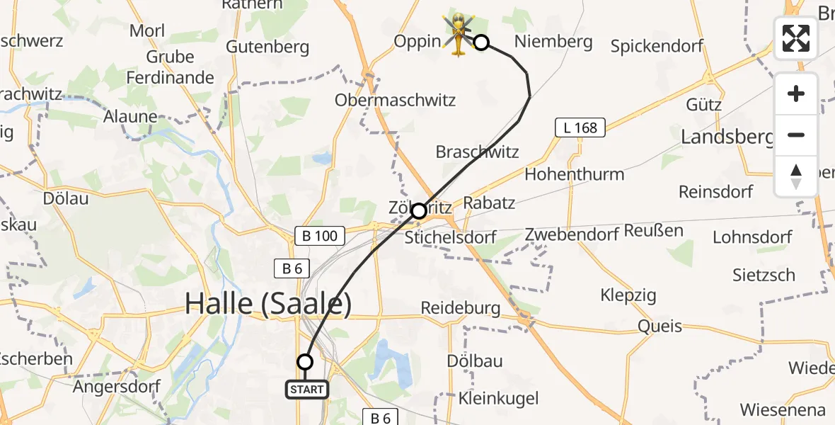 Flugroute Rettungshubschrauber BG Hospital Bergmannstrost Halle - Halle-Oppin Flugplatz, 04 Juli 2026, 23:40