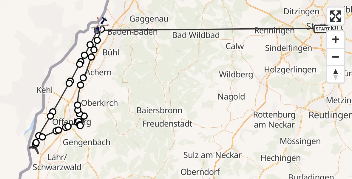 Flugroute Polizeihubschrauber Stuttgart - Karlsruhe Baden-Baden Flughafen, 05 Juli 2026, 00:27