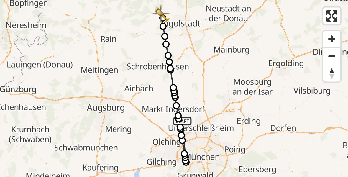Flugroute Rettungshubschrauber Röhrmoos - Buxheim, 05 Juli 2026, 01:10