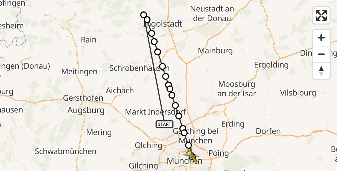 Flugroute Rettungshubschrauber Röhrmoos - München Bogenhausen Hospital, 05 Juli 2026, 01:50
