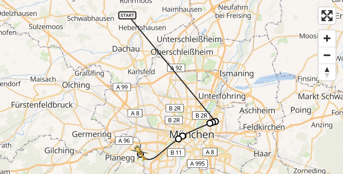 Flugroute Rettungshubschrauber Röhrmoos - DRF Air Rescue München Hubschrauberlandeplatz, 05 Juli 2026, 02:28