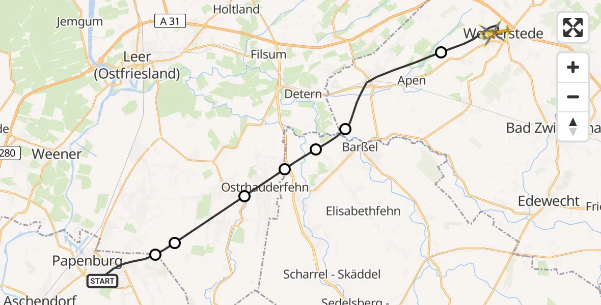 Flugroute Ambulanzhubschrauber Papenburg - Westerstede, 05 Juli 2026, 02:45