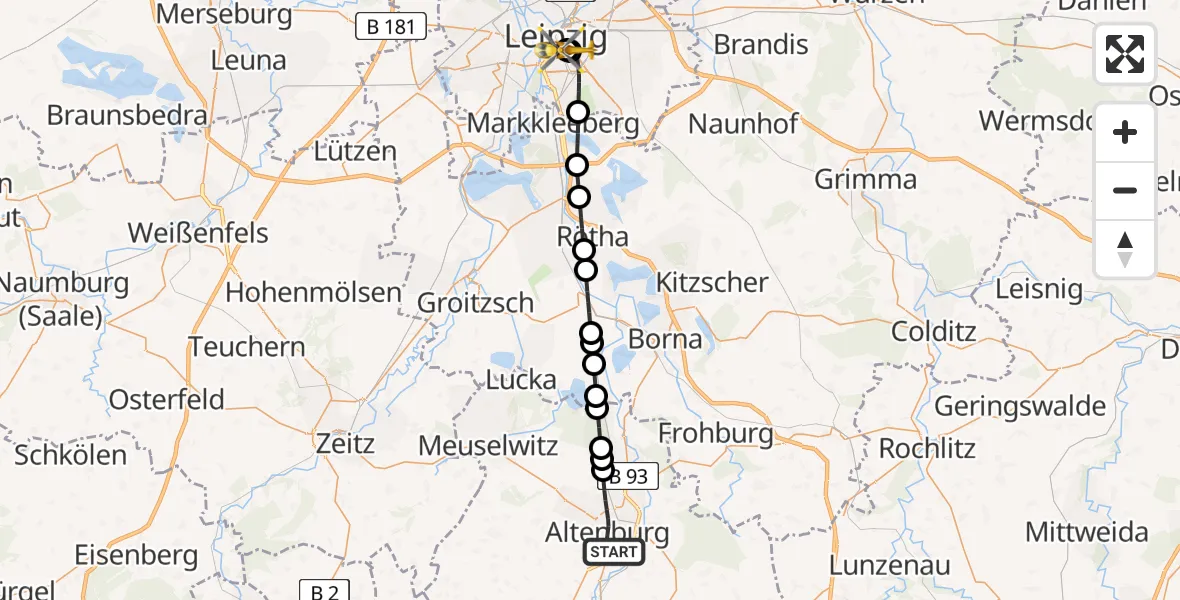 Flugroute Ambulanzhubschrauber Altenburg - Leipzig University Hospital Heliport 1, 05 Juli 2026, 04:36