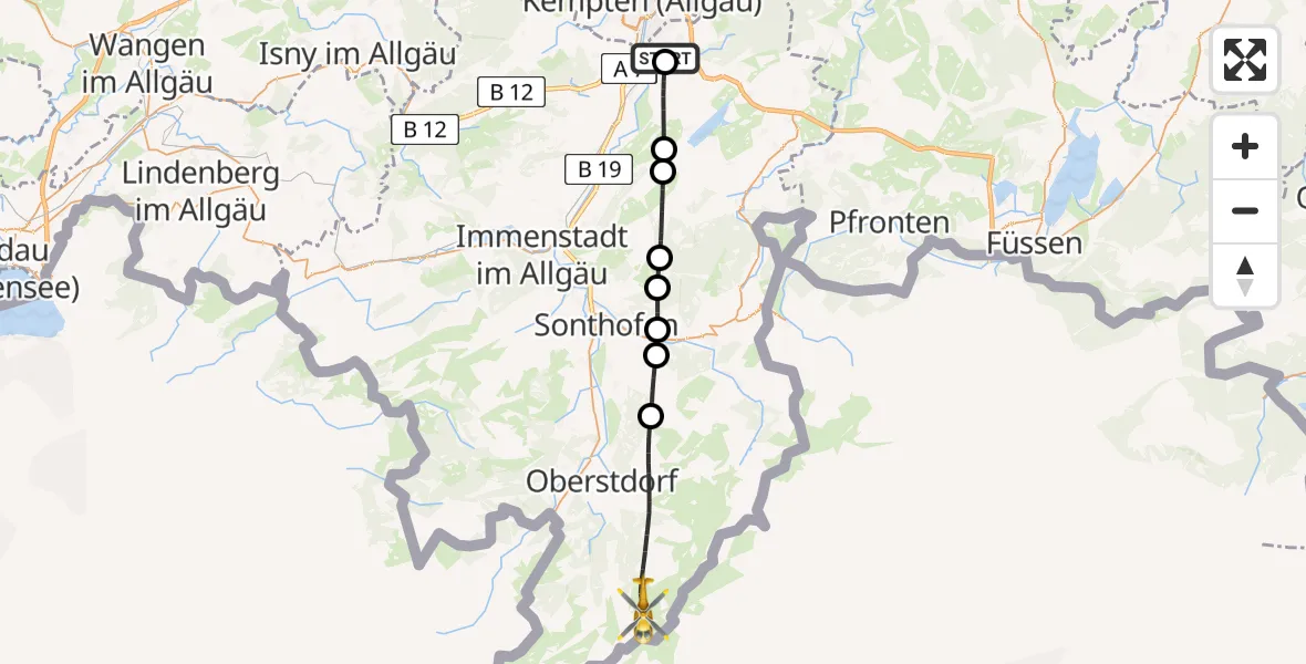 Flugroute Rettungshubschrauber Kempten-Durach Flugplatz - Oberstdorf, 05 Juli 2026, 05:02