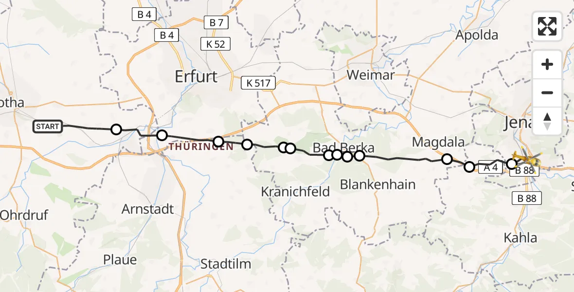 Flugroute Rettungshubschrauber Drei Gleichen - Jena, 05 Juli 2026, 06:30