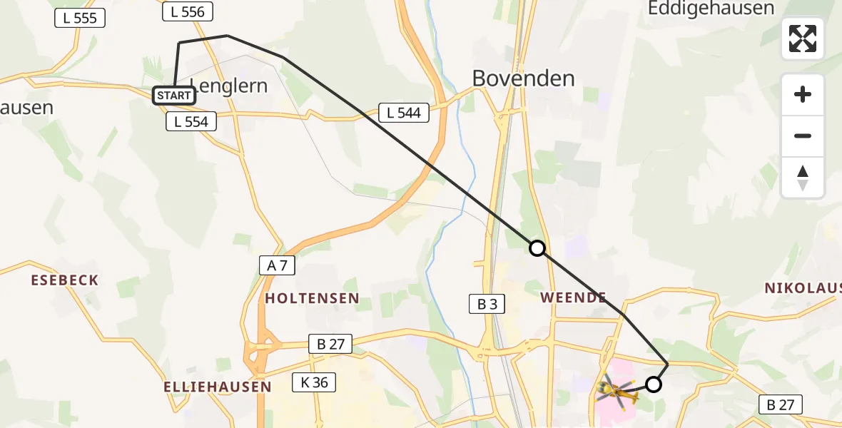 Flugroute Rettungshubschrauber Bovenden - Göttingen University Clinic Hubschrauberlandeplatz, 05 Juli 2026, 06:58