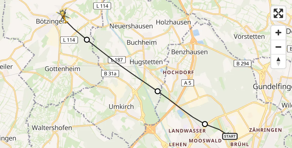 Flugroute Rettungshubschrauber Freiburg im Breisgau Flugplatz - Bötzingen, 05 Juli 2026, 07:13