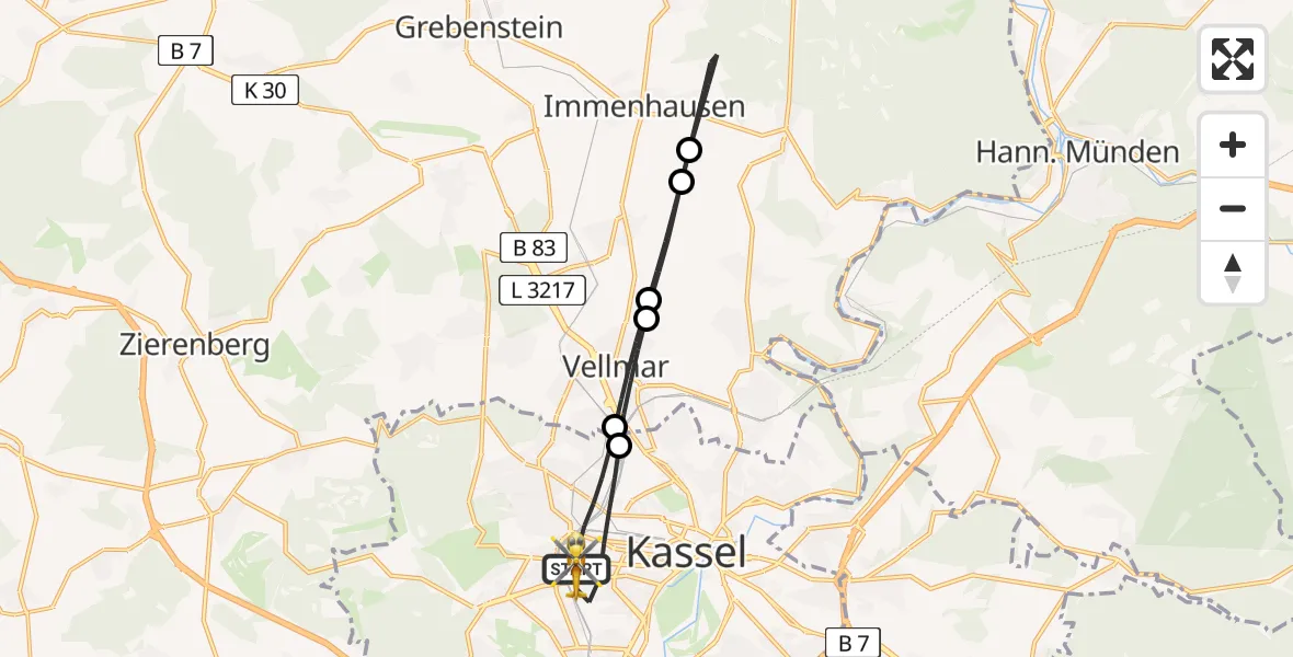 Flugroute Rettungshubschrauber Kassel - Kassel, 05 Juli 2026, 07:23