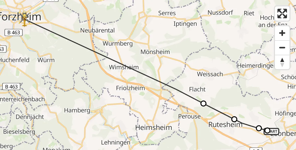 Flugroute Rettungshubschrauber Leonberg Hospital - Pforzheim, 05 Juli 2026, 07:26