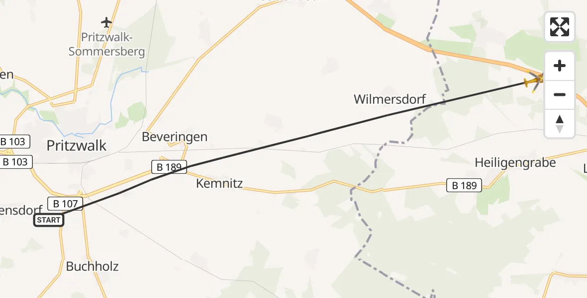 Flugroute Rettungshubschrauber Pritzwalk - Heiligengrabe, 05 Juli 2026, 07:39