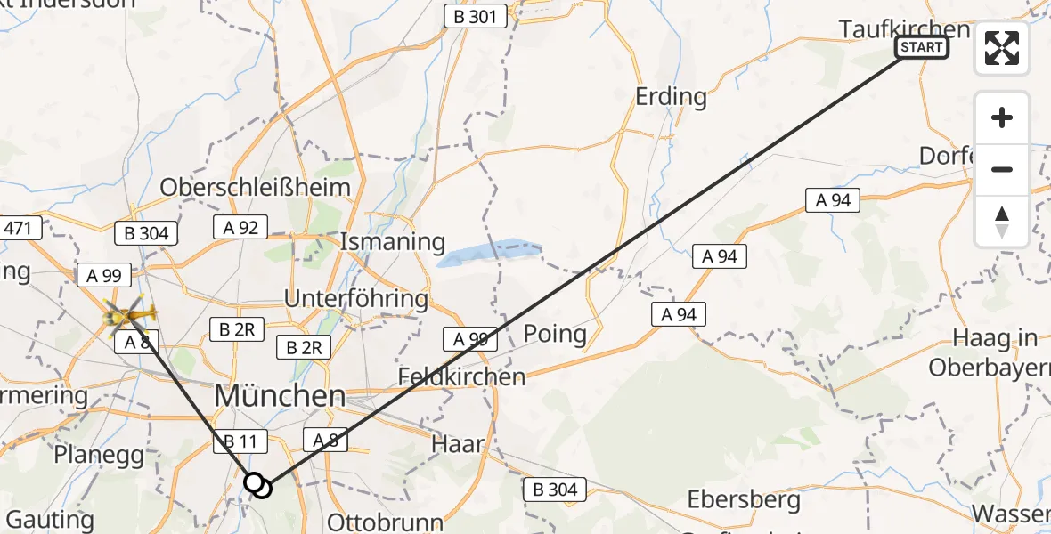 Flugroute Rettungshubschrauber Taufkirchen (Vils) - München, 05 Juli 2026, 07:43